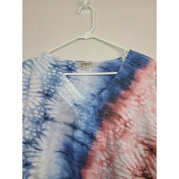 One World Womens Top Large Blue Red Tie Dye Lace Accent Short Sleeve Americana - Picture 2 of 8